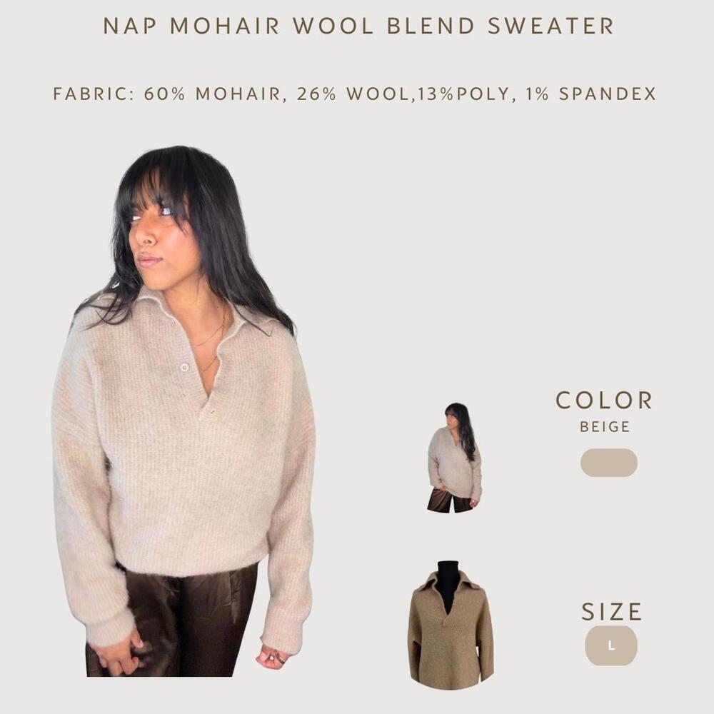 NAP Beige Mohair Wool Sweater L Collared Pullover